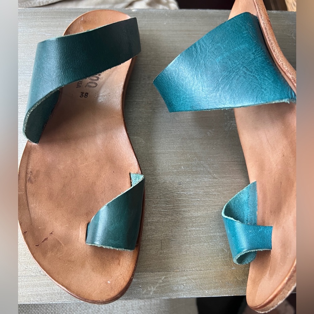 Teal Leather Slide Sandals - Women